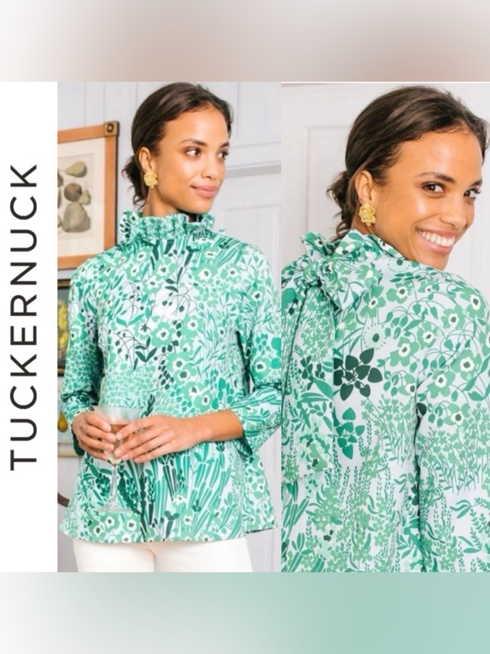 Tuckernuck Faye Wildflower Garden Floral Ruffle Tie  High Neck Long Sleeve Tunic